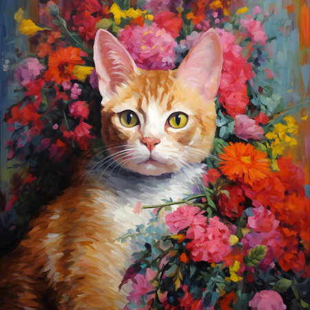 Portrait of a red-haired cat among flowers. Digital painting.の素材