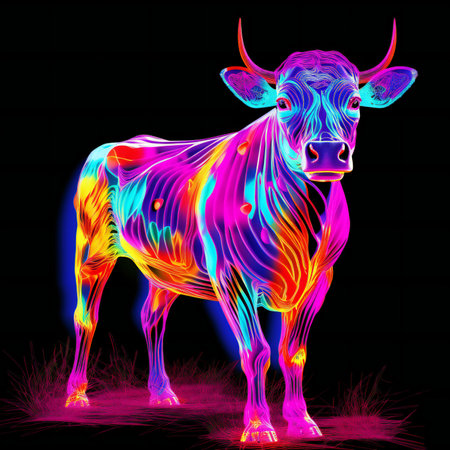Abstract digital illustration of a cow in neon colors on a black backgroundの素材