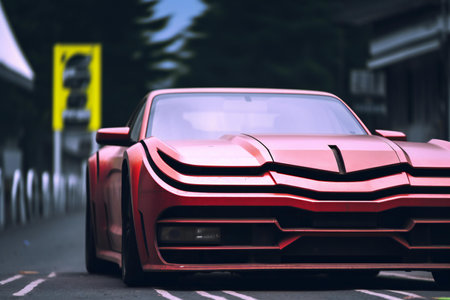 Vintage red sports car on the road. Close-up view.の素材