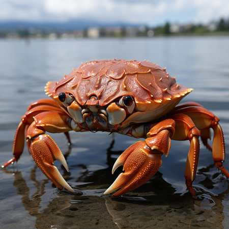 Close up of a red crab on the water in the lake.の素材
