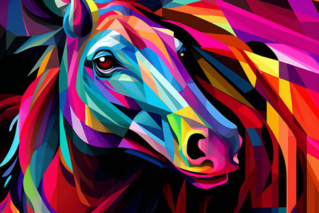 Colorful portrait of a horse on a black background.の素材