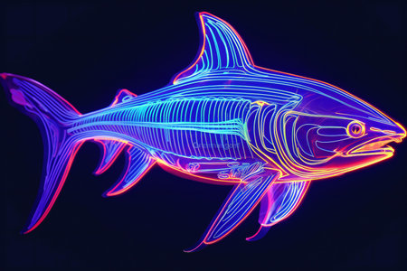 Shark in neon light on a dark background.の素材