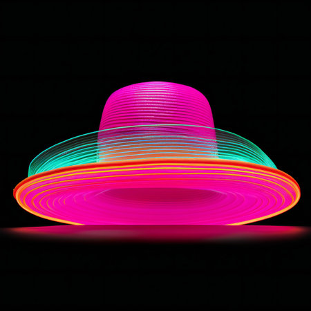 Illustration of a pink hat in neon light on a black backgroundの素材