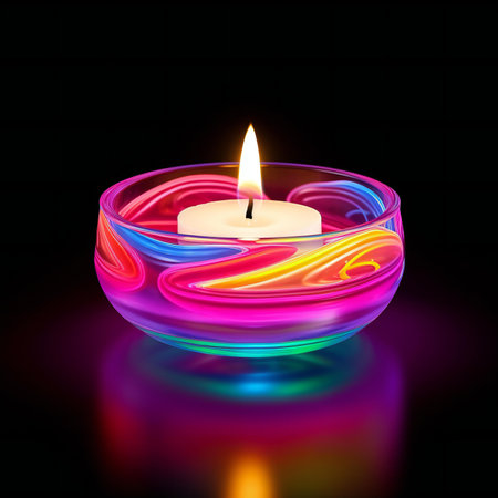 Candle in a glass bowl on a black background.の素材