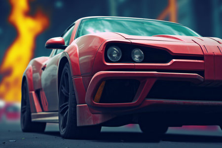 red sports car on the road in the city.の素材