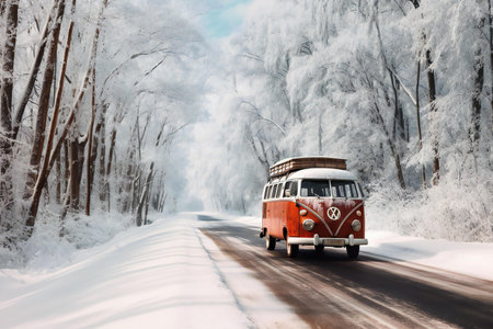 Vintage bus on the road in winter forest. Travel concept.の素材