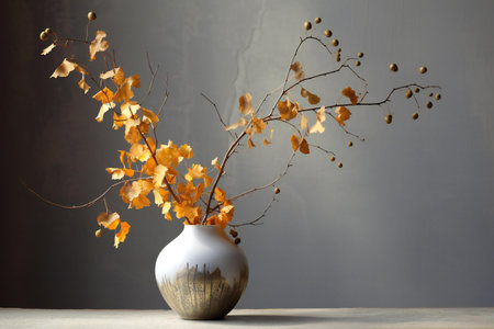 Vase with beautiful autumn leaves on table against grey wall, closeupの素材