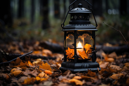 Vintage lantern with burning candle in autumn forest. Selective focus.の素材