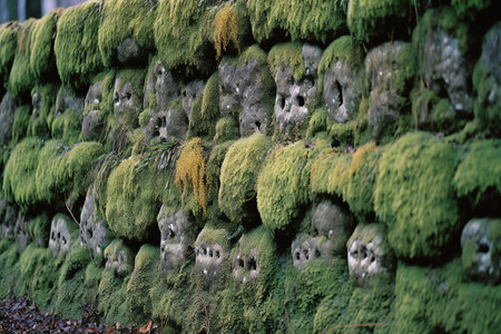 Moss and lichen on the wall of a Japanese temple.の素材