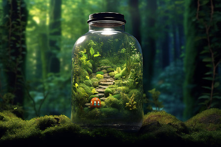 Glass jar with green plants inside in the forest.の素材