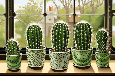 Cactuses in pots on the windowsill.の素材