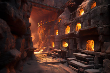 Flaming furnace with burning firewood in the stone oven.の素材