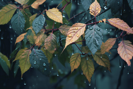 Raindrops on autumn leaves. Raindrops on autumn leaves. Autumn background.の素材