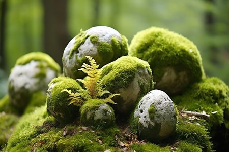 Green moss and fern growing on a rock in a forest.の素材