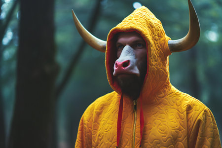 angry man with horns in a yellow raincoat in the forestの素材