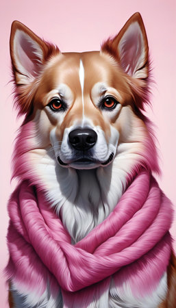 Portrait of a dog in a pink scarf on a pink background.の素材