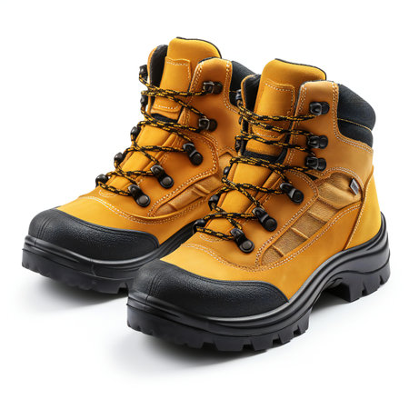 Yellow hiking boots isolated on white background.の素材