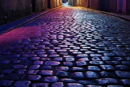 Old cobblestone street at night, in Prague, Czech Republicの素材