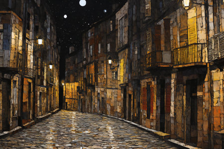 illustration of an old street in the old town at nightの素材
