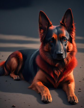 German shepherd lying on the sand in the desert.の素材