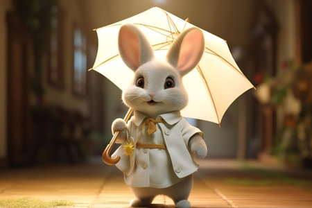 Rabbit playing the saxophone with yellow umbrella in the room.の素材