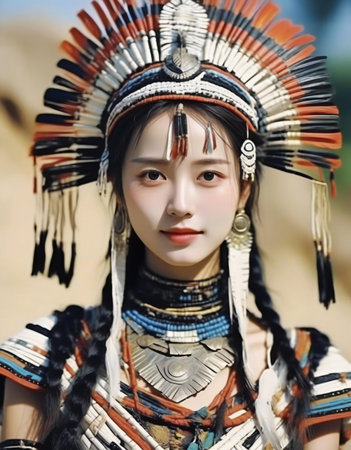 Portrait of a beautiful asian woman in ethnic clothing with traditional headdressの素材