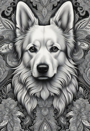 Illustration of a dog with ornament on a black background. Digital painting.の素材