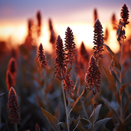 Sorghum flowers in the field at sunset. Beautiful natural background.の素材