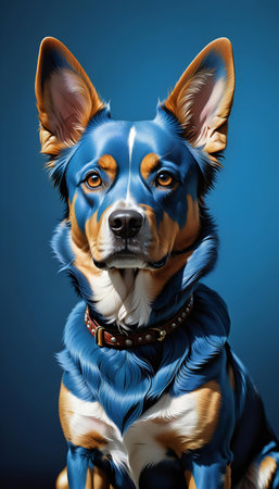 Portrait of a dog with blue eyes on a blue background.の素材