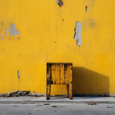 Old wooden chair in front of a yellow wall with copy space.の素材