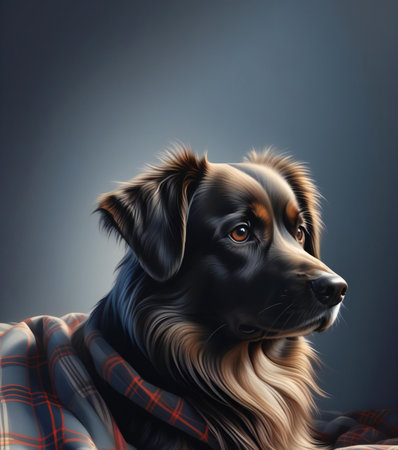 Portrait of a dog with a plaid on a gray background.の素材