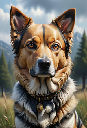German Shepherd portrait in the meadow. Digital painting of a dog.の素材