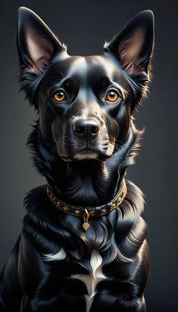 Portrait of a black dog with golden collar. Studio shot.の素材