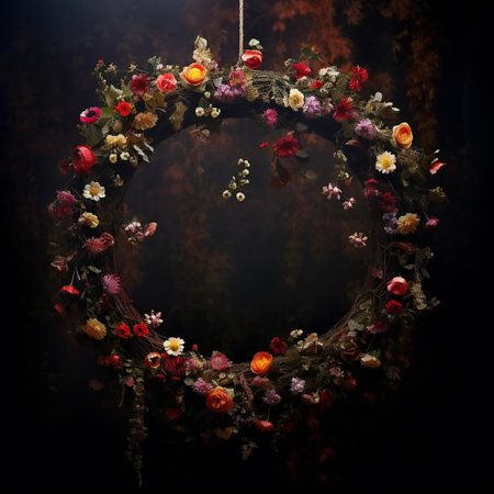 Wreath of dried flowers on a dark background with copy space.の素材