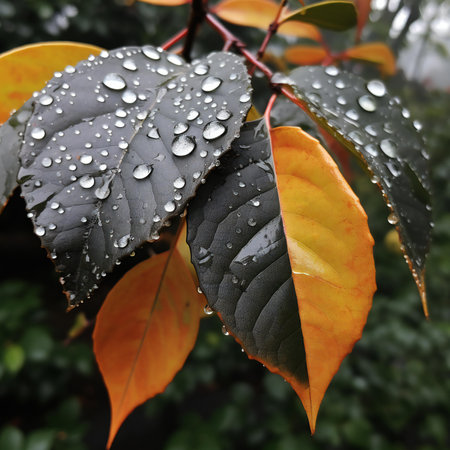 Raindrops on the leaves of a red, orange and yellow treeの素材