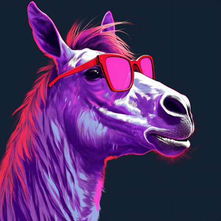 Illustration of a white llama wearing pink sunglasses on a dark backgroundの素材