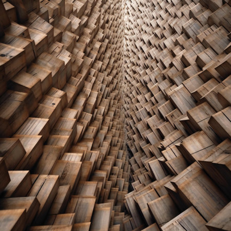 abstract geometric shape made of wooden cubes in empty spaceの素材