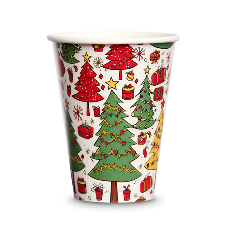 Paper cup with christmas tree and snowflakes on white backgroundの素材