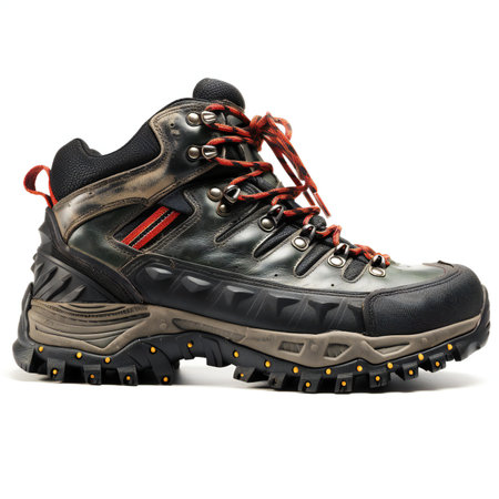 Black hiking boots isolated on a white background. 3d rendering.の素材