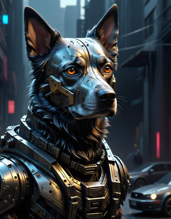 German shepherd dog in helmet and armor on the background of the cityの素材