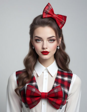 Portrait of beautiful young woman with red lips and bow-tieの素材