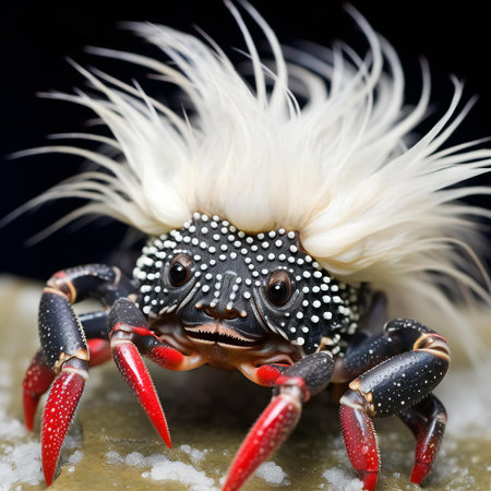 Close-up of a crab with a white fur on a black backgroundの素材
