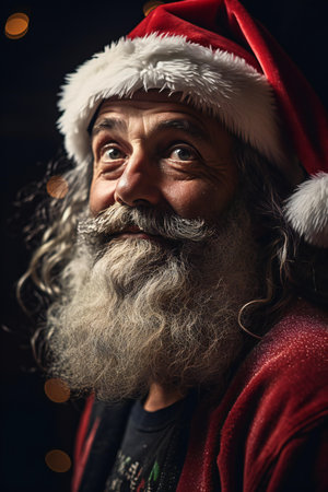 Portrait of an old man with a long gray beard and mustache in a Santa Claus hat on a dark backgroundの素材