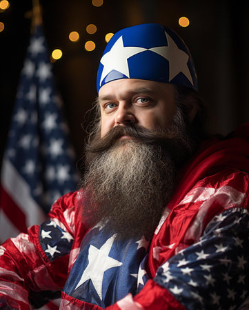 close-up portrait of an adult man with a long beard and a mustache on a background of an American flagの素材