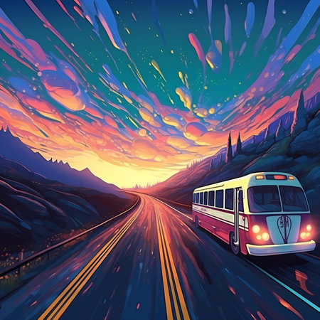 illustration of a bus on the highway in the mountains at sunsetの素材