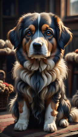 Portrait of a beautiful Bernese Mountain Dog sitting on the floor.の素材