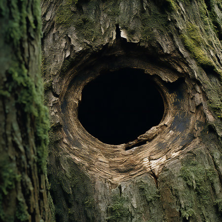 Wooden hole in the bark of a tree in the forest.の素材