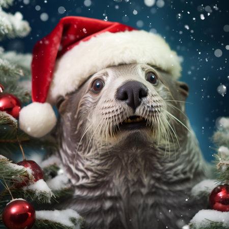 Christmas and New Year holidays background. Cute otter in Santa Claus hat.の素材