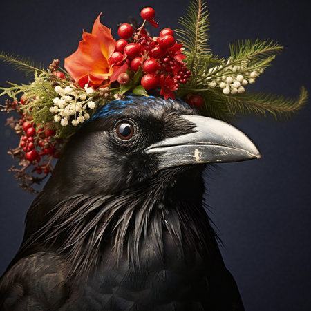 Portrait of a black raven with a wreath on his headの素材