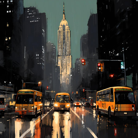 Yellow buses on the streets of New York City.の素材